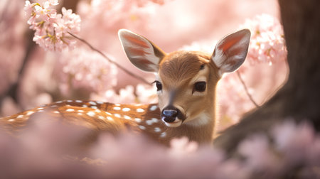 Beautiful young deer in the spring forest with blooming sakuraの素材