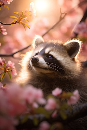 Cute raccoon in blooming sakura tree in spring.の素材