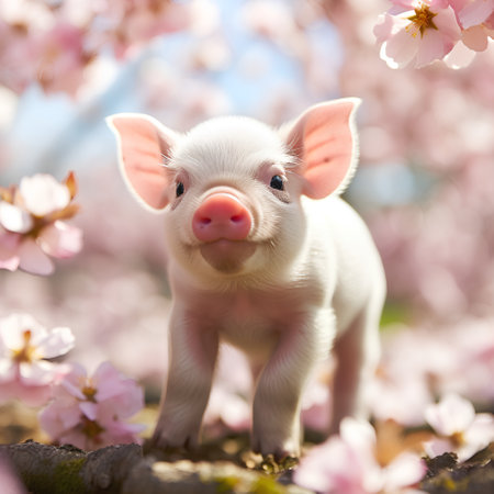 Cute little pig on a background of pink cherry blossoms in springの素材