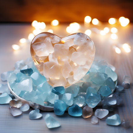 Heart shaped transparent stones on a wooden background with bokeh lightsの素材