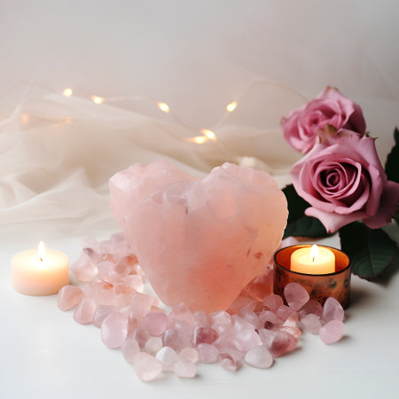 Pink heart shaped candle and rose petals on a white background.の素材