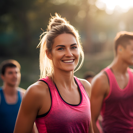 Group of happy young people jogging in the park at sunset.の素材