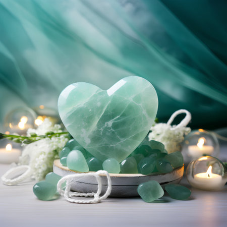 Beautiful spa composition with green heart and candles on light wooden backgroundの素材