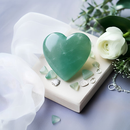 Green heart shaped soap on a wooden stand with white tulips.の素材