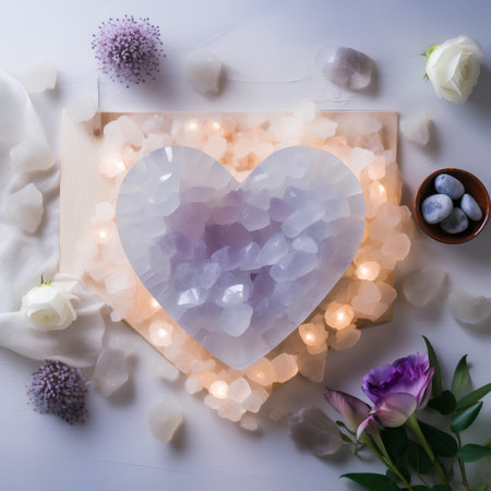 Aromatherapy and spa concept. Bath salt, flowers and candles on a white wooden background.の素材