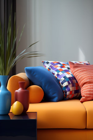 Interior of modern living room with orange sofa and colorful pillowsの素材