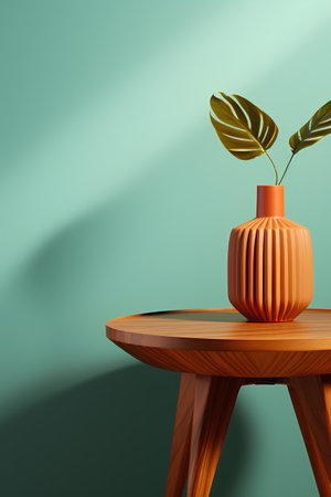 3d render of vase with plant on wooden table in roomの素材