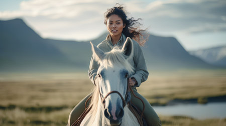 Beautiful young woman riding a horse on the background of mountains.の素材