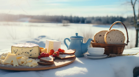 Cheese platter with fruits and bread on the snow in winterの素材