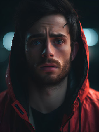Portrait of a young man in a red raincoat on a dark background.の素材
