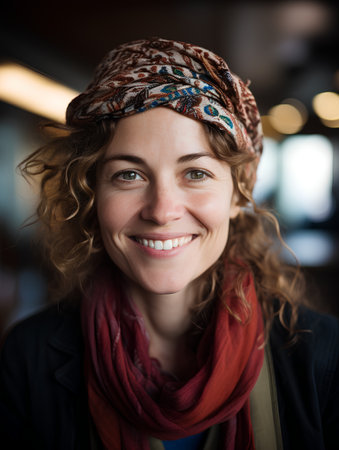 Portrait of smiling woman wearing scarf and coat at the coffee shopの素材