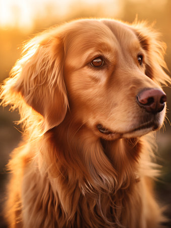 Golden Retriever dog portrait in sunset light, shallow depth of fieldの素材