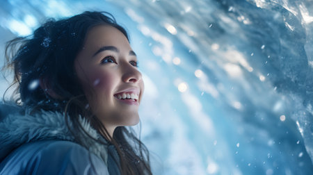 Beautiful young woman in winter clothes looking at waterfall with snow.の素材