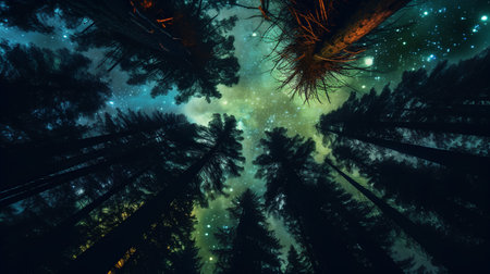 Fantastic starry night in the forest. 3d renderingの素材
