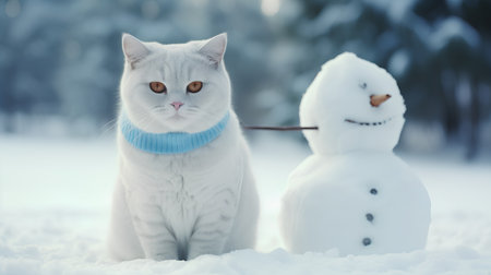 Cat with snowman in winter forest. Snowman and cat.の素材