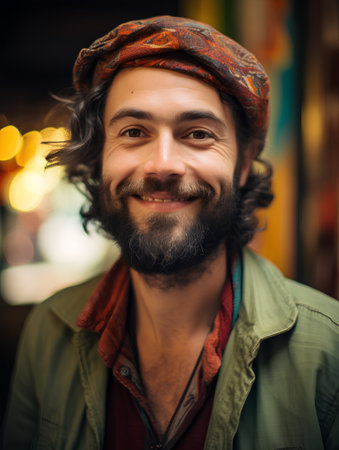 Portrait of a handsome bearded hipster man wearing a turbanの素材
