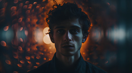 Portrait of a young man in a dark room with lights.の素材