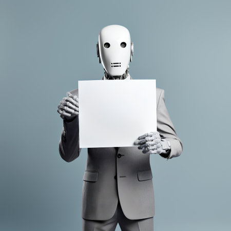 Robot holding blank sheet of paper isolated on blue background. 3d rendering.の素材