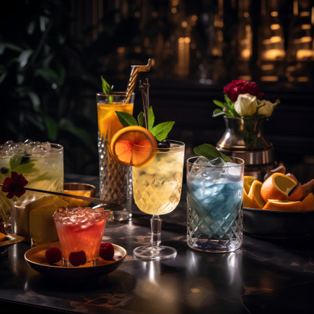 Cocktails set on bar counter. Alcoholic drinks and cocktailsの素材
