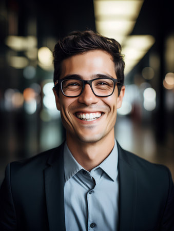 Portrait of a smiling young businessman in eyeglasses at officeの素材