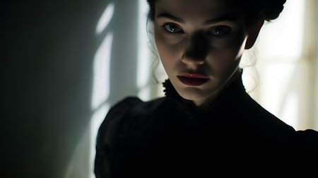 Beautiful young woman in a black dress in the light of the windowの素材