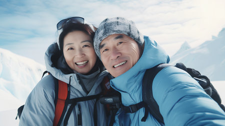 Happy asian senior couple taking selfie with snow mountain background. Lifestyle concept.の素材