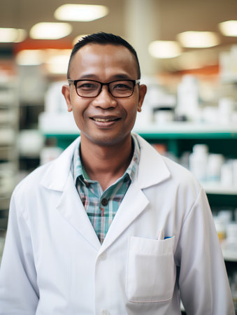 Portrait of smiling asian man pharmacist standing in drugstoreの素材