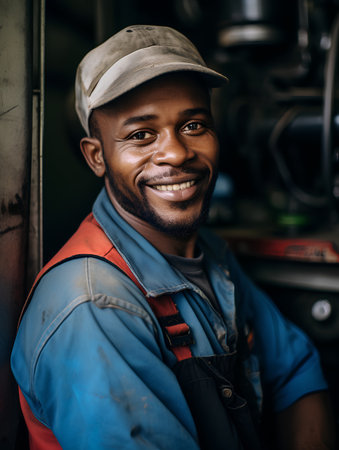 Portrait of a happy African-American mechanic smiling at camera.の素材