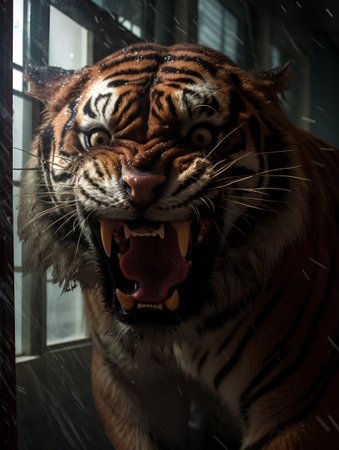Close-up of a tiger in the dark, 3d renderの素材