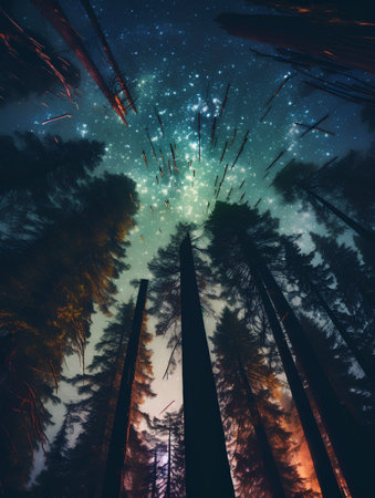 Fantasy landscape of trees and starry sky. 3D illustrationの素材
