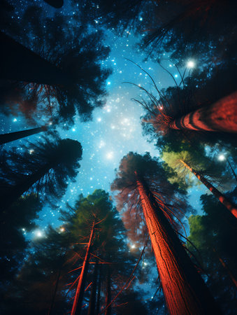 Night starry sky in the woods, 3d render illustration.の素材