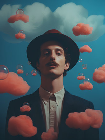 Portrait of a handsome young man in a hat and suit on a blue background with clouds.の素材