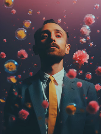 Portrait of a young man in a suit and tie against the background of flying viruses.の素材