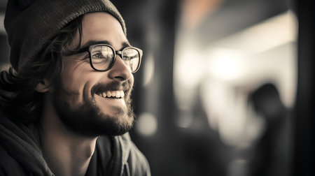 Hipster man wearing a beanie hat and eyeglassesの素材