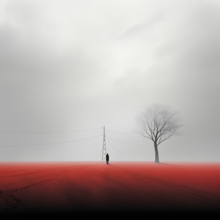 Silhouette of a man standing in the middle of a red fieldの素材