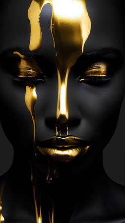 3D render of a beautiful woman with golden make-up.の素材