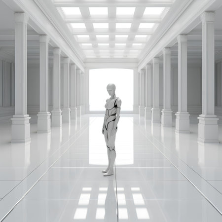 3D render of a female robot in a white hall with columnsの素材