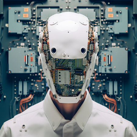 Robot head in front of electronic circuit board. 3d renderingの素材