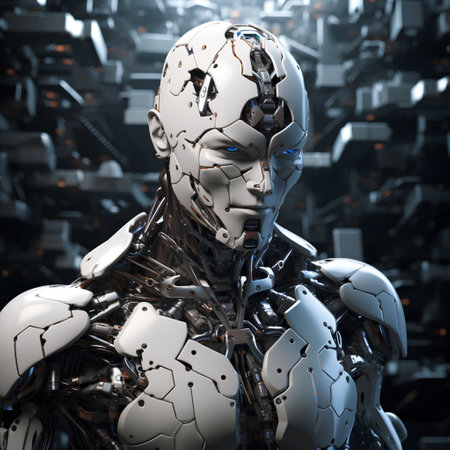 3d rendering humanoid robot in cyberspace with many cubes in backgroundの素材