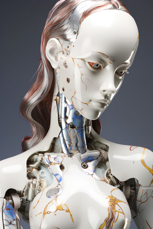 3D rendering of a female robot with a white skin and blue eyesの素材