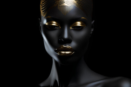 3d illustration of a female face with golden make-up on black backgroundの素材