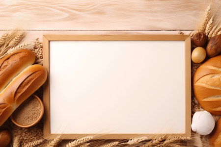 Bread and bakery products on wooden background. Top view with copy spaceの素材