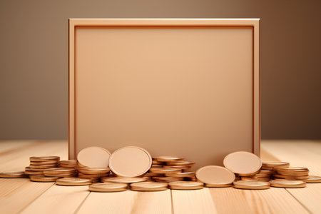 Gold coins stack with blank frame on wooden table. 3d renderの素材