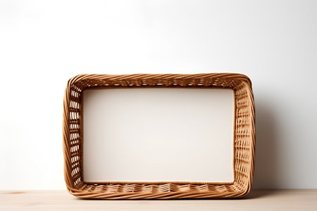 Empty wicker basket on a wooden table and white wall background.の素材