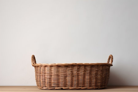 Empty wicker basket on wooden table and white wall background. 3D Renderingの素材