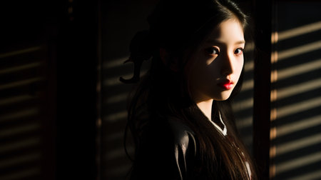 Portrait of a beautiful asian girl with shadow on the wallの素材
