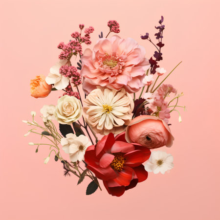 Bouquet of flowers on pink background. Floral composition.の素材
