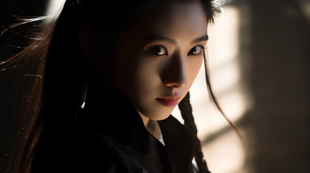 beautiful asian woman with long hair looking at camera in dark roomの素材