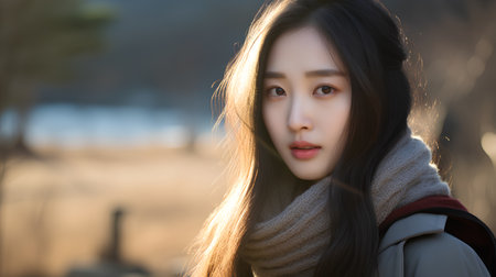 Portrait of a beautiful asian girl in the park at sunsetの素材