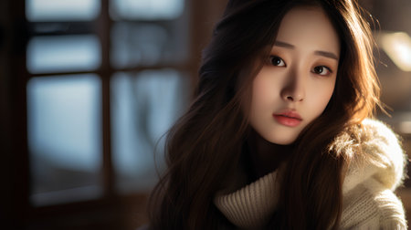 Portrait of a beautiful young asian woman in winter clothing.の素材